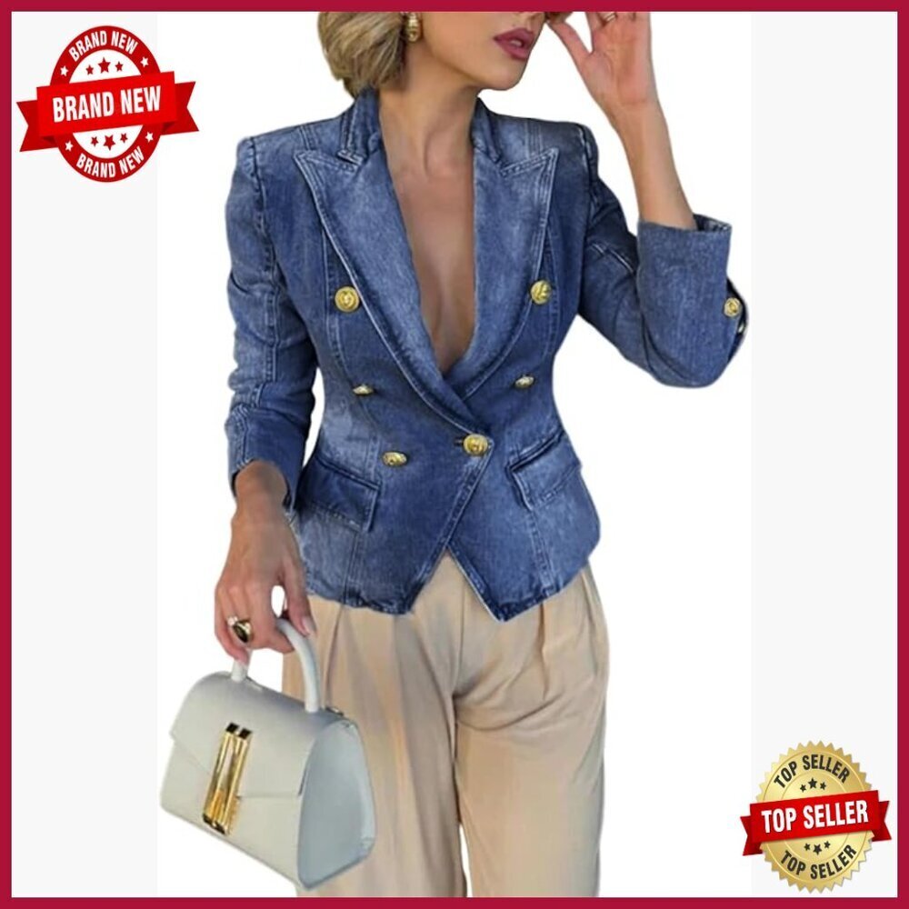 Slim Fit Denim Blazer Long Sleeve Double Breasted Notched Lapel Jacket - Picture 1 of 7